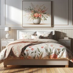 Bedroom interior with a floral comforter and a painting on the wall art realistic card design.