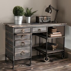 The industrial style desk has three drawers and two shelves on the side of it