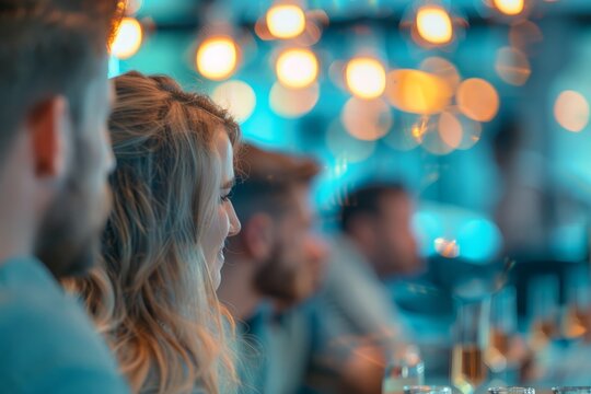 A group of coworkers dressed in casual attire sitting together at a restaurant table