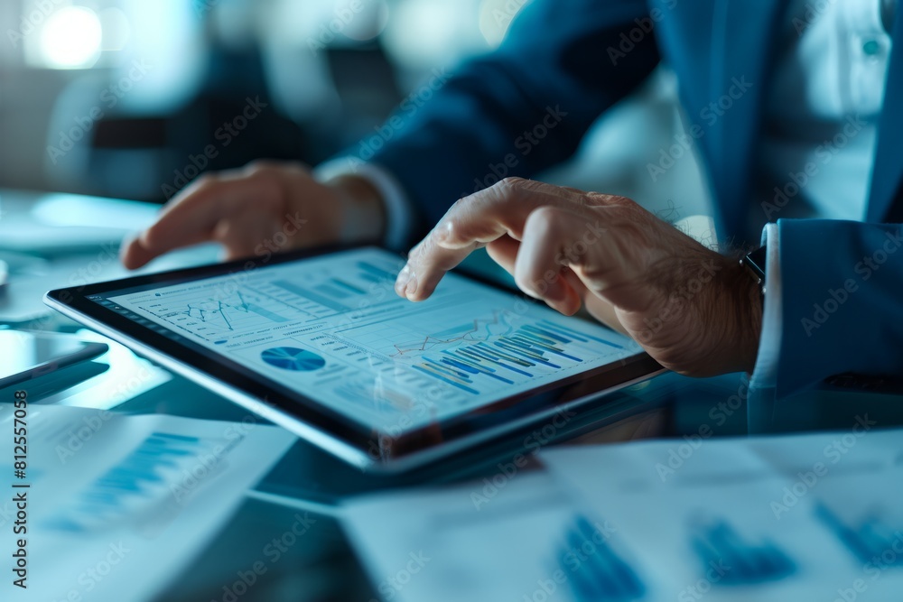 Poster a businessman in a suit analyzing financial data on a tablet with graphs displayed on the screen