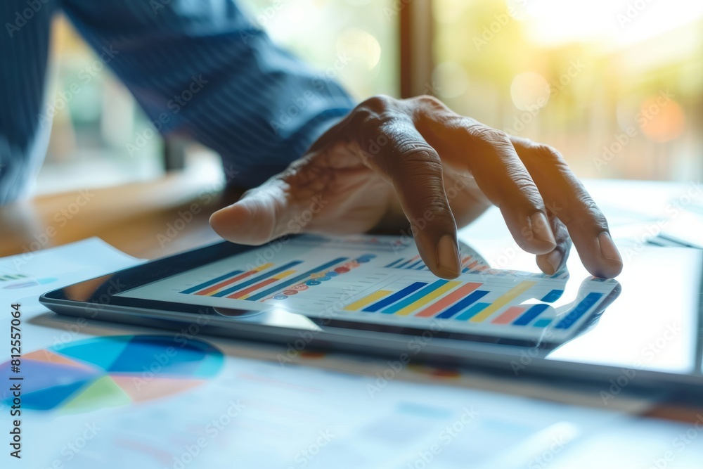 Poster a businessman using a modern tablet to analyze financial graphs and data