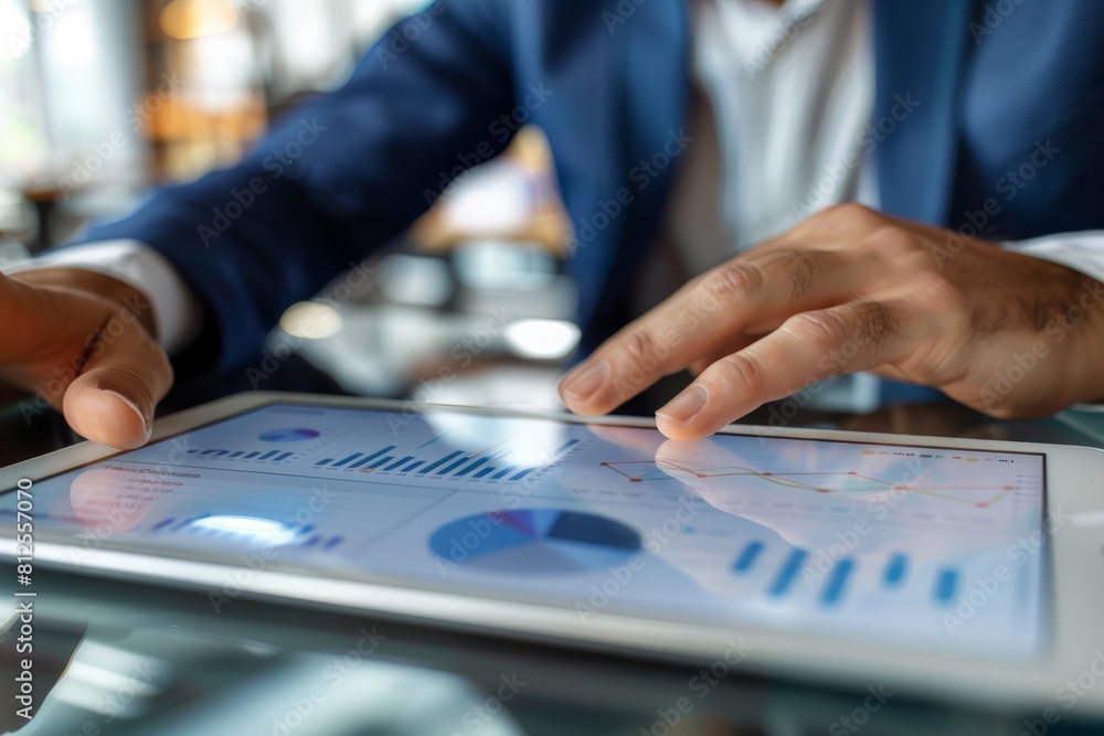 Aufkleber a businessman in a suit is using a tablet with graphs and financial data on the screen