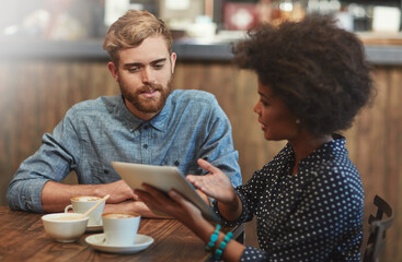 Couple, tablet and talking on date in cafe with online shopping, bonding or showing social media...