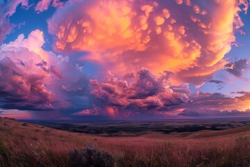 A vibrant, colorful cloud hangs over a grassy field as the sun sets, casting warm hues of orange - Powered by Adobe