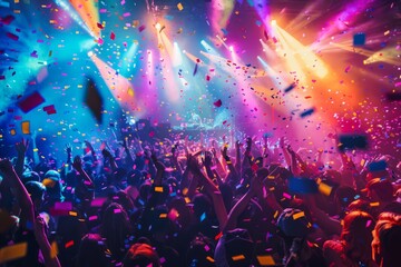 A vibrant scene at a concert as confetti rains down on a lively crowd, illuminated by colorful stage lights