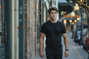 Fototapeta premium A young man confidently walks down a city street at night, wearing a black t-shirt