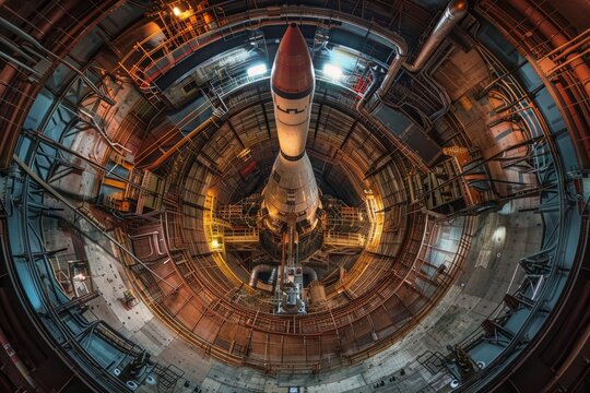 A view of a space shuttle inside a building undergoing prelaunch preparations with a team of technicians and engineers surrounding it