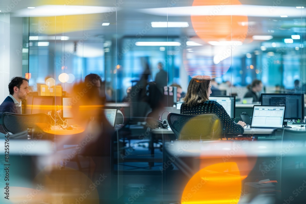 Poster blur of office workers in casual attire busy with daily tasks in a modern business office setting