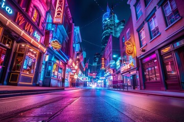 A bustling city street in Nashville, Tennessee, illuminated by vibrant neon signs and streetlights at night