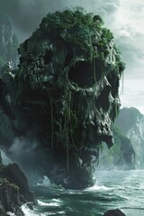 Mystic Skull Carved Rock Formation by Lake
 - obrazy, fototapety, plakaty