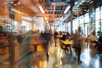 A busy restaurant filled with blurred figures, dining and chatting in a casual atmosphere