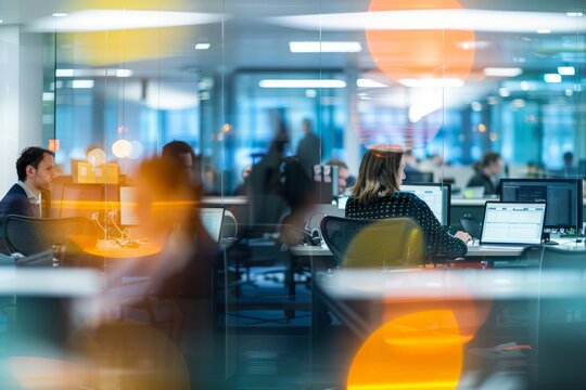 Blur of office workers in casual attire busy with daily tasks in a modern business office setting