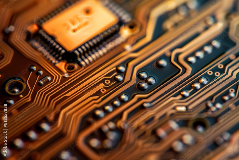 Poster detailed close up of an electronic circuit board showing intricate patterns, circuits, and component