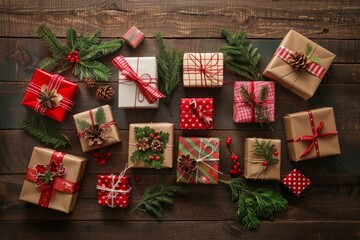 Assorted Christmas gift boxes neatly placed on a rustic wooden table