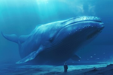 Obraz premium A surreal encounter of a person standing before a massive blue whale under the ocean
