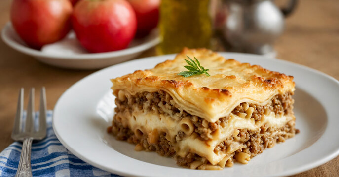 Tempting close-up of delectable pastitsio, showcasing its rich layers and savory filling