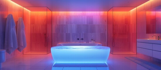 Futuristic Fusion Powered Bathroom Glowing in Vivid Neon Ambience - obrazy, fototapety, plakaty