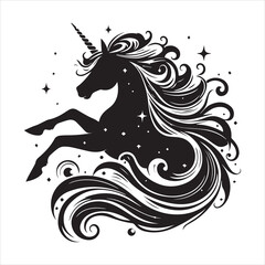 Unicorn head silhouette isolated on white background. Vector illustration. Unicorn silhouette simple flat design