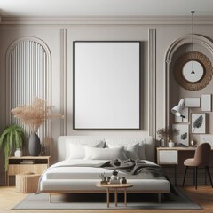 Bedroom sets have template mockup poster empty white with Bedroom interior and a desk and a framed picture art photo photo photo lively.