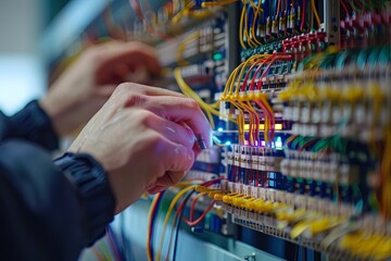 An electrical engineer does the wiring. Removes the insulation and connects the ends of the wire to the terminal blocks, close-up of hands. 