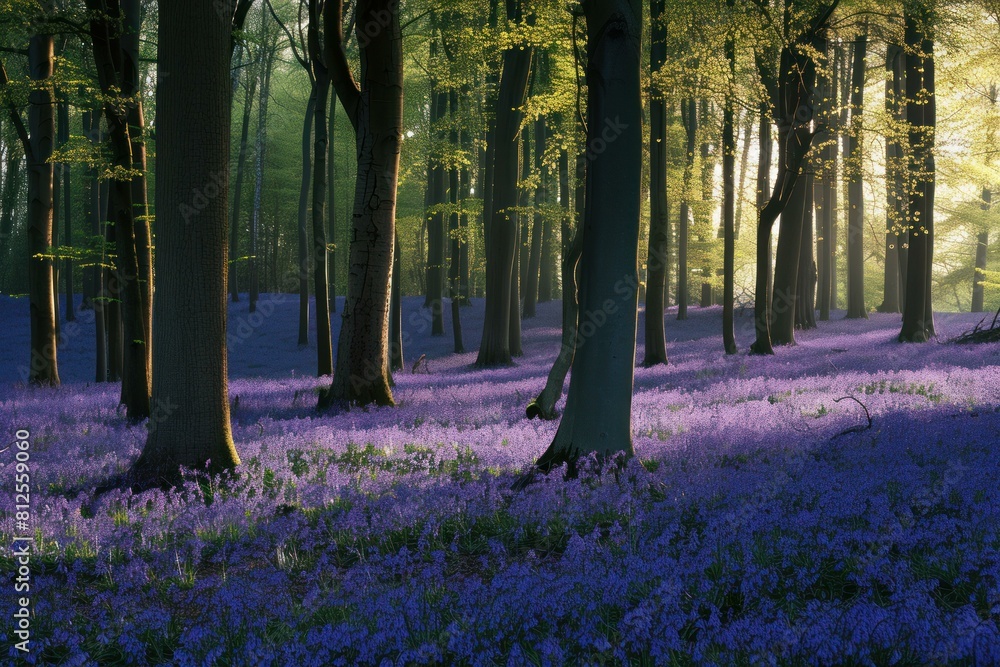 Poster sunlight filters through trees onto a carpet of bluebells in a serene forest at dawn