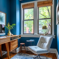 small home office with blue walls