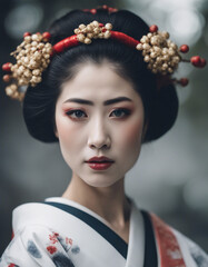portrait of beautiful geisha in traditional clothes, isolated white background, copy space for a text
