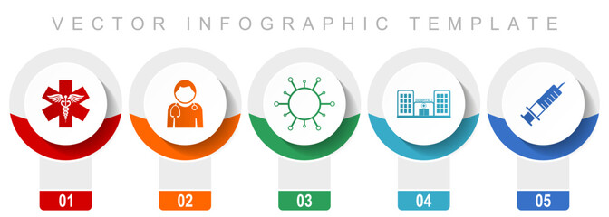 Healthcare icon set, miscellaneous vector icons such as emergency, doctor, virus, hospital and syringe, modern design infographic template, web buttons in 5 color options