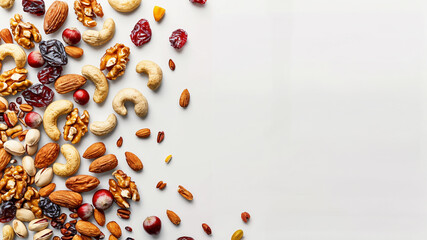 Top view of assorted nuts and dried fruits on a clean white background, Assorted Nuts and Dried Fruits Top View on White Background