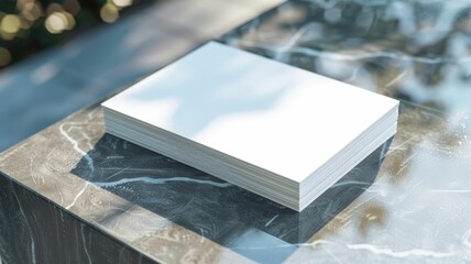 A stack of white paper is on a marble countertop