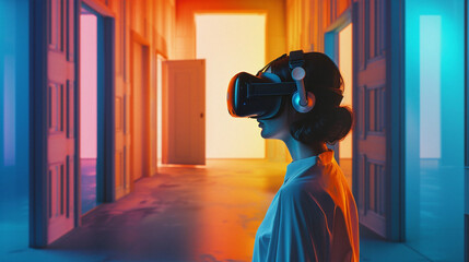 Futuristic virtual reality experience in a neon-lit room