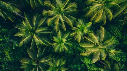 Aerial view of a vibrant palm tree forest.