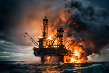 Oil rig on the open sea in flames