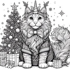 Fototapeta premium A cat with a unicorn horn and a bow tie and a sweater with a christmas tree harmony lively used for printing card design illustrator.