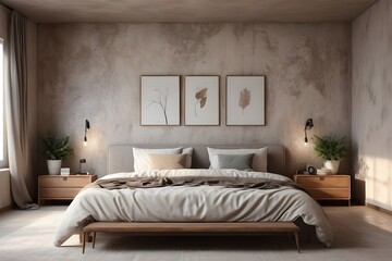 Minimalist interior design of modern bedroom with beige stucco wall 