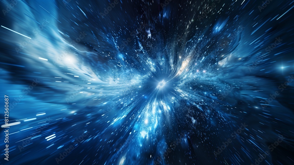 Poster space flight animation with zoom effect on a deep blue background.