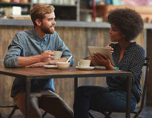 Smile, man and woman in coffee shop with tablet, social media, relax and networking connection at...