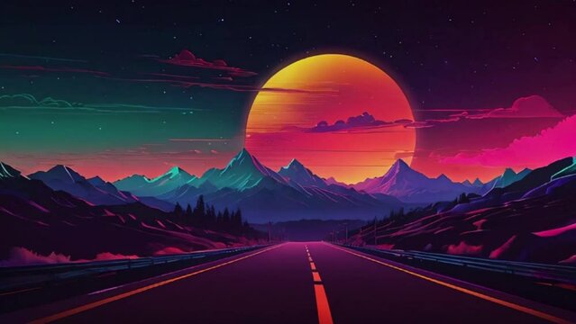 Neon Sunset Over Mountain Road - Synthwave Landscape
