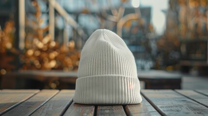 A white knit hat sits on a wooden table