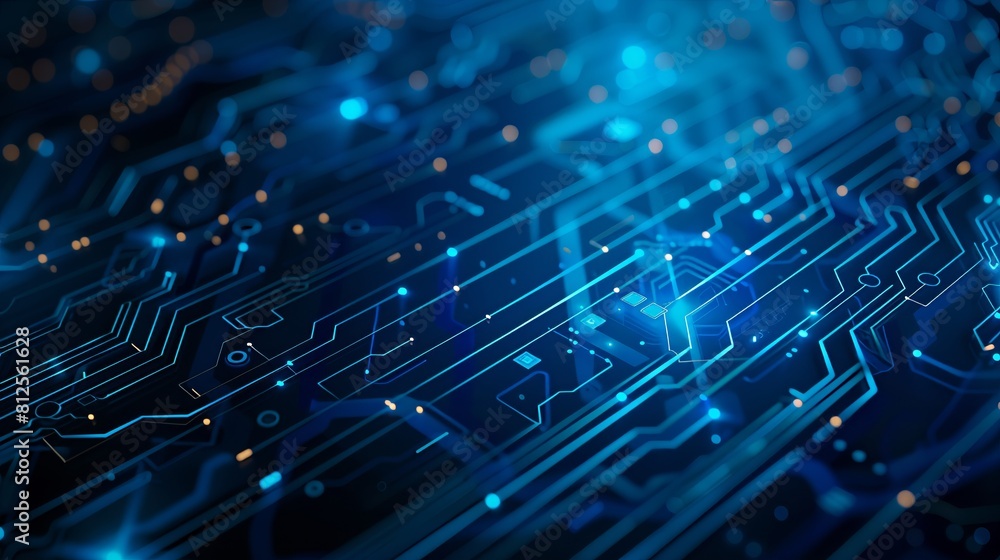 Poster modern circuit design with advanced tech on deep blue background, top view, ample space.