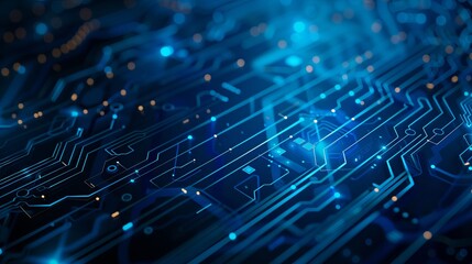 Modern circuit design with advanced tech on deep blue background, top view, ample space.