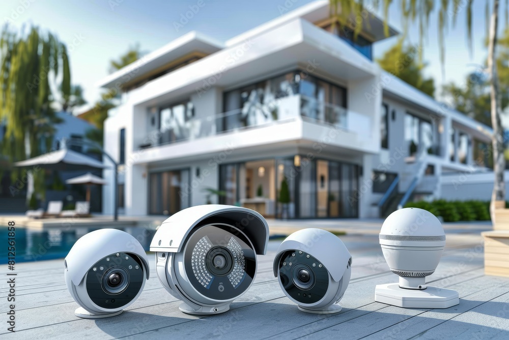 Poster secure your property with advanced biometric security, integrating surveillance cameras, digital mon