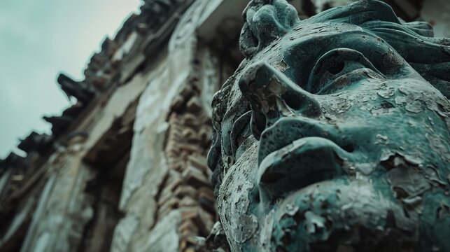 The face of a statue is slowly eroding away, with vines growing over it.