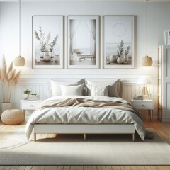 Fototapeta premium Bedroom sets have template mockup poster empty white with Bedroom interior and pictures on the wall image art photo attractive card design.