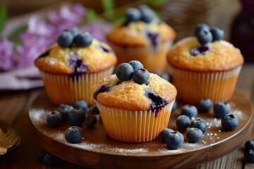 Homemade blueberry muffins sprinkled with sugar on a rustic wooden surface, with fresh berries