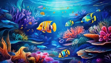 Tropical fish in the underwater, coral reef, amazing underwater life, various fish and exotic coral reefs, ocean wild creatures background