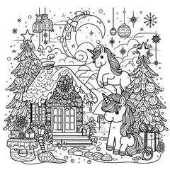 A coloring page of a house with unicorns image art realistic photo photo illustrator.