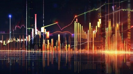 Abstract glowing big data forex candlestick chart on blurry city backdrop