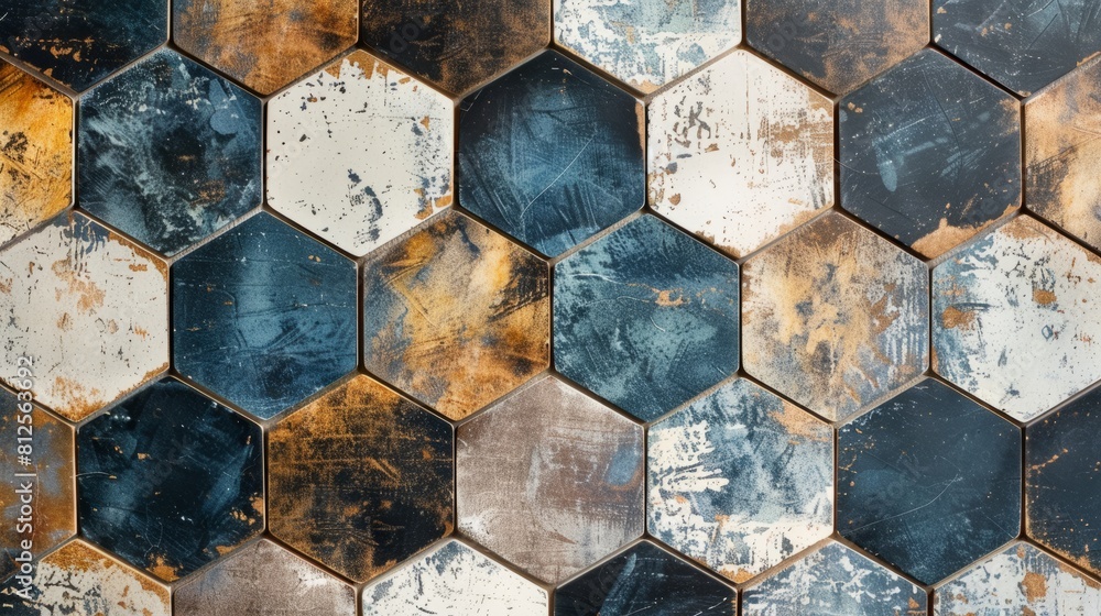 Poster geometric hexagon pattern with repeating shapes, suitable for flooring and tile design