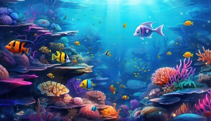 Tropical fish in the underwater, coral reef, amazing underwater life, various fish and exotic coral reefs, ocean wild creatures background